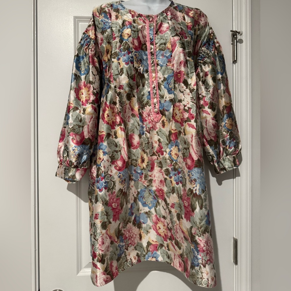 Vintage ARIA babydoll floral dress satin pleated lace balloon sleeved oversized